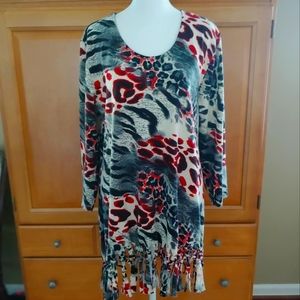 Atmosphere Gray, Red & Cream Polyester/Wool Top Size L